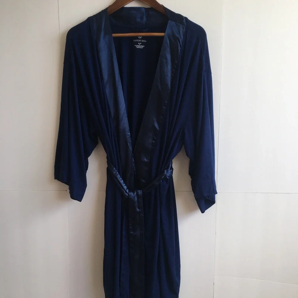Lands' End Satin-Trim Midnight Blue Navy Robe NWOT- XL